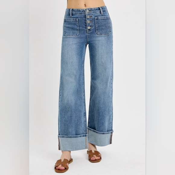 Risen HR Medium Wash Button Fly Patch Pocket Cuffed Wide Leg Jeans Various NEW - Picture 6 of 6